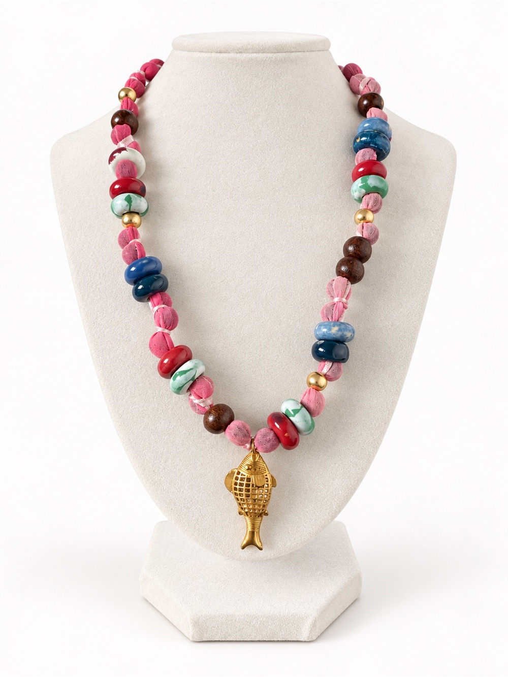 Zara Pink Multicolor Beaded Necklace with Gold Fish Charm